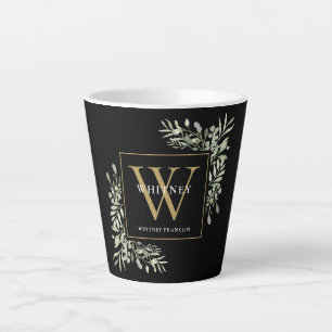 Caneca De Café Latte Modern Greenery Monograma Dourado Elegante Preto C
