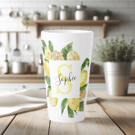Caneca De Café Latte Moldura de limões amarelos modernos e folhas com n