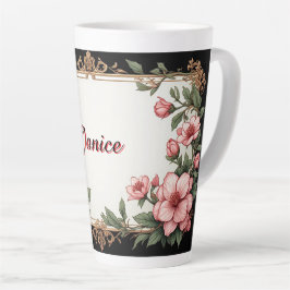 Caneca De Café Latte Moldura Dourada Vintage Com Peônia Colorida
