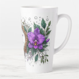 Caneca De Café Latte Moldura Floral de Orquídea Roxa
