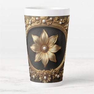 Caneca De Café Latte Moldura Floral Dourada Luxuosa