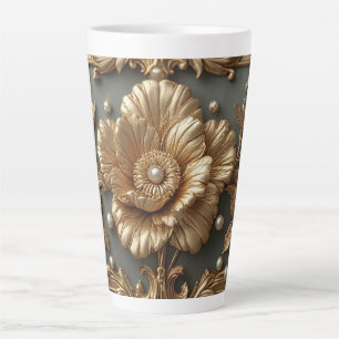 Caneca De Café Latte Moldura Floral Dourada Luxuosa