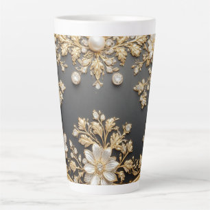 Caneca De Café Latte Moldura Floral Dourada Luxuosa