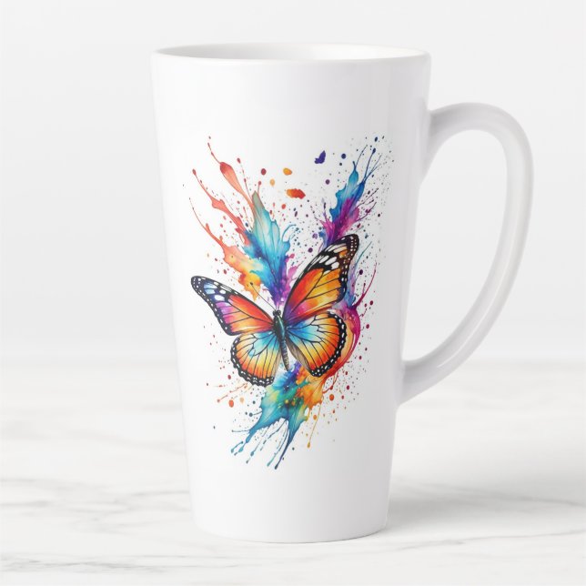 Caneca De Café Latte Monarca Borboleta Vibrante em Aquarela (Direita)