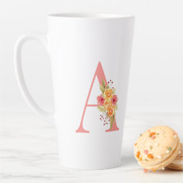 Caneca De Café Latte Monograma A de Flor Laranja e Rosa Elegante