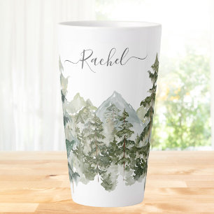 Caneca De Café Latte Monograma Aquarela Pinhal Floresta Anestésica