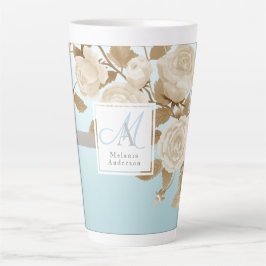 Caneca De Café Latte Monograma Azul Dourado Elegante
