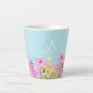 Caneca De Café Latte Monograma Azul Floral Garden