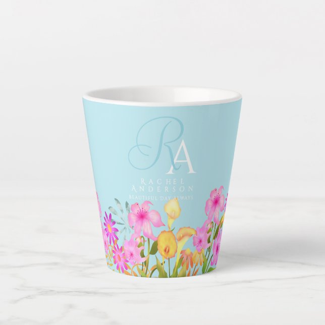 Caneca De Café Latte Monograma Azul Floral Garden (Frente)
