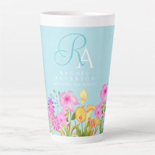 Caneca De Café Latte Monograma Azul Floral Garden