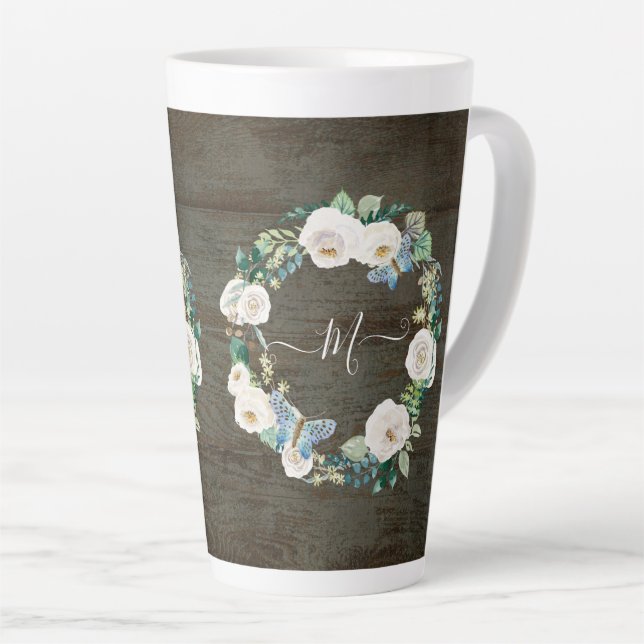 Caneca De Café Latte Monograma Borboleta Floral Russa Madeira Aquecida (Ângulo direito)