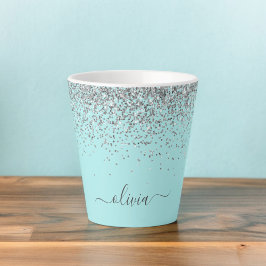 Caneca De Café Latte Monograma Brilho Prata Azul Água Teal