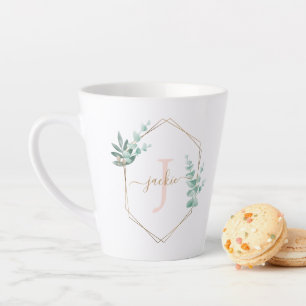 Caneca De Café Latte Monograma com Moldura Eucalyptus Watercolor