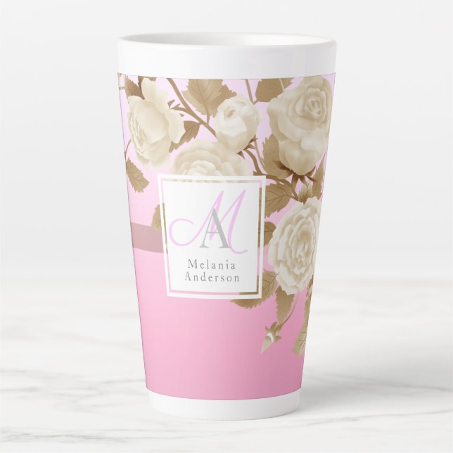 Caneca De Café Latte Monograma cor-de-rosa Dourado Elegante (Frente)
