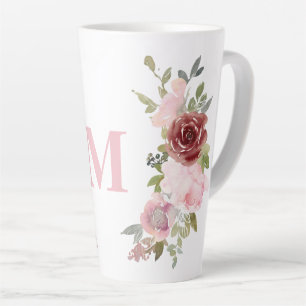 Caneca De Café Latte Monograma Cor de Rosa Rosa Rosa Cor de Água Floral