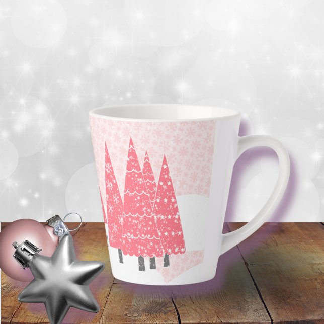 Caneca De Café Latte Monograma de Árvores de Natal Rosa Modernas (Criador carregado)