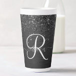 Caneca De Café Latte Monograma de brilho preto personalizado<br><div class="desc">Personalize facilmente esta moda elegante design de caneca latta,  com brilho bonito e preto num fundo metálico escovado preto.</div>