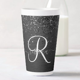 Caneca De Café Latte Monograma de brilho preto personalizado