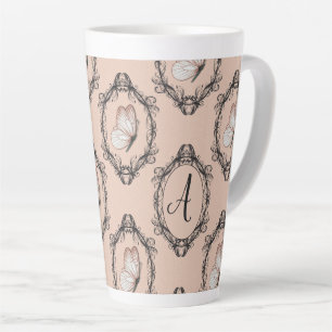 Caneca De Café Latte Monograma de Damasco Vitoriano Rosa-Rosa-Rosa-Eleg