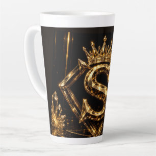 Caneca De Café Latte Monograma de Diamante Coroa Letra Dourada de Luxo