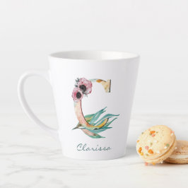 Caneca De Café Latte Monograma de Folhagem Floral C Watercolor Blush