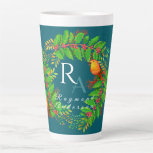 Caneca De Café Latte Monograma de Grinalda de Natal Azul Oceano