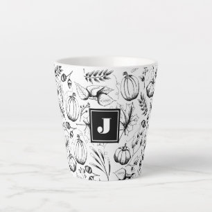 Caneca De Café Latte Monograma de Ilustração de Queda Branca e Preta Mo