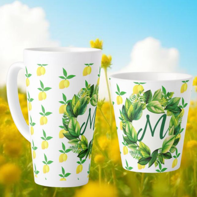 Caneca De Café Latte Monograma de Limões Amarelos  (Personalize with a monogram of your choice)