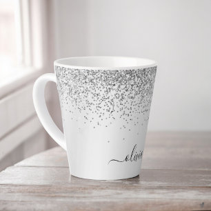 Caneca De Café Latte Monograma de Nome com Brilho de Glitter Prateado