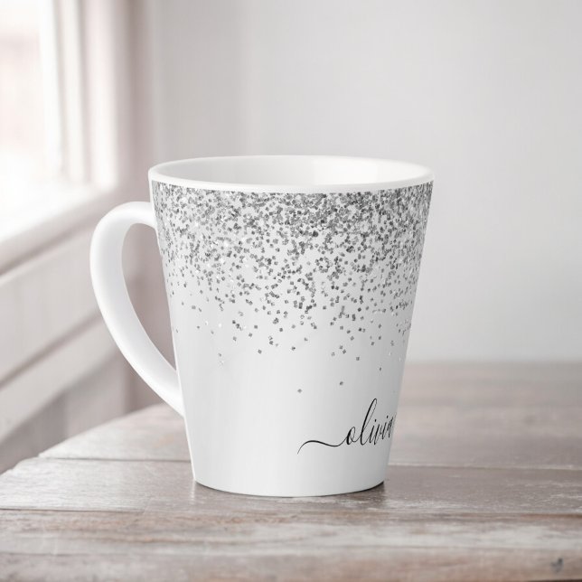 Caneca De Café Latte Monograma de Nome com Brilho de Glitter Prateado (Criador carregado)