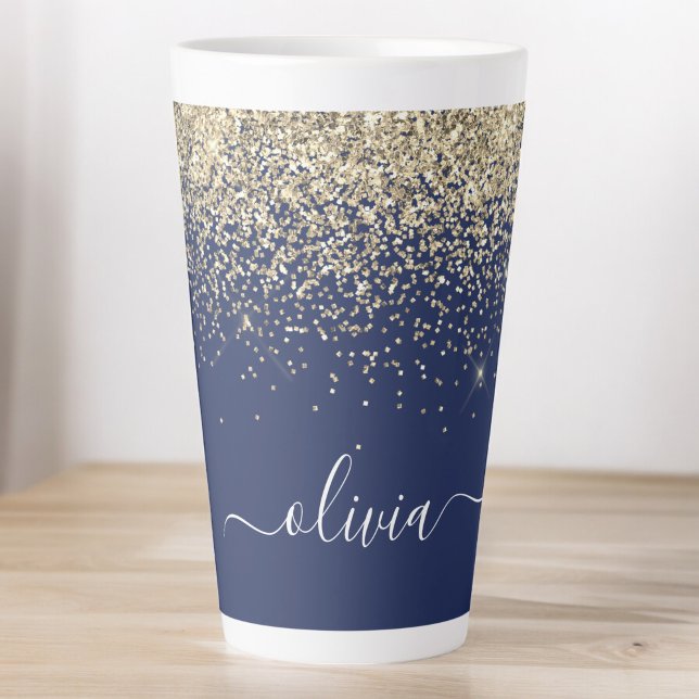Caneca De Café Latte Monograma de Nome Glitter Azul Naval Dourado Femin (Criador carregado)