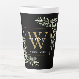 Caneca De Café Latte Monograma de Ouro Preto Elegância Moderna Folhagem