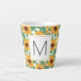 Caneca De Café Latte Monograma de Padrão Amarelo e Verde bonito Girassó