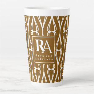Caneca De Café Latte Monograma de Padrão Branco Castanho Moderno