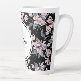 Caneca De Café Latte Monograma de Padrão Flor de Aquarela Rosa e Cinza