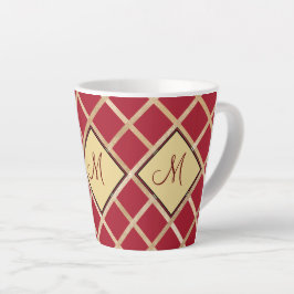 Caneca De Café Latte Monograma de Padrão Geométrico Dourado Vermelho