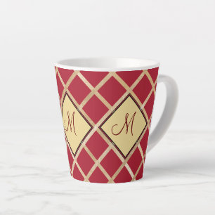 Caneca De Café Latte Monograma de Padrão Geométrico Dourado Vermelho