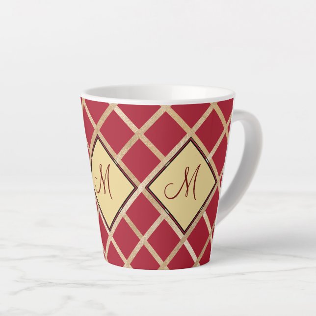Caneca De Café Latte Monograma de Padrão Geométrico Dourado Vermelho (Ângulo direito)