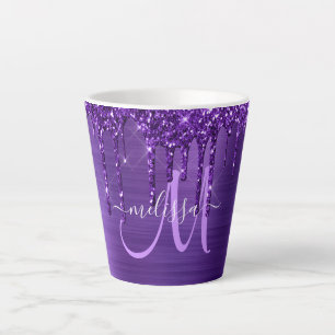 Caneca De Café Latte Monograma de Pincel de Púrpura e Glitter de Pince