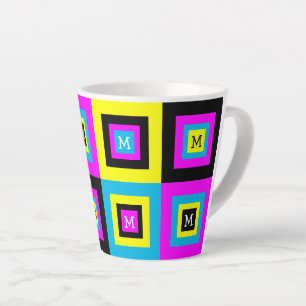 Caneca De Café Latte Monograma de Quadrados Geométricos CMYK