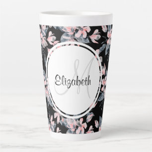 Caneca De Café Latte Monograma do Padrão Floral de Aquarela Rosa e Cin