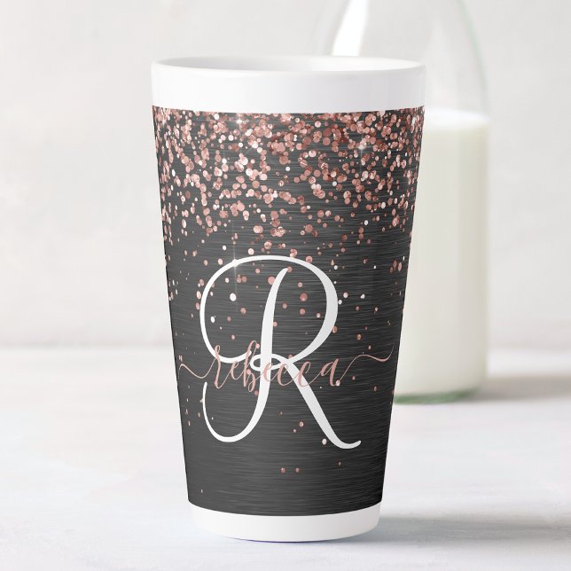 Caneca De Café Latte Monograma do Sparkle preto com brilho Dourado com  (Criador carregado)