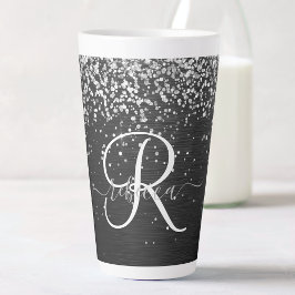 Caneca De Café Latte Monograma do Sparkle Preto com Glitter de Prata Pe