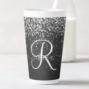 Caneca De Café Latte Monograma do Sparkle Preto com Glitter de Prata Pe