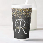 Caneca De Café Latte Monograma Dourado de brilho preto com brilho perso<br><div class="desc">Personalize facilmente essa moda elegante design de caneca latta,  com brilho bonito de ouro brilhante em um fundo metálico escovado preto.</div>