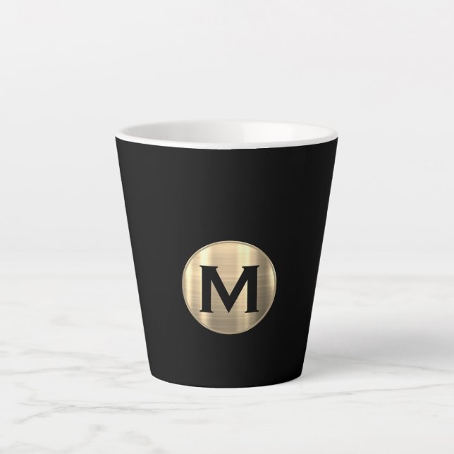 Caneca De Café Latte Monograma Dourado Metálico Preto (Frente)
