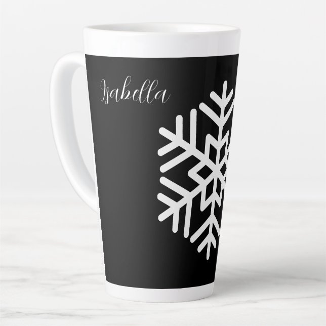 Caneca De Café Latte Monograma e Floco de Neve Branco Grande em Preto (Ângulo esquerdo)