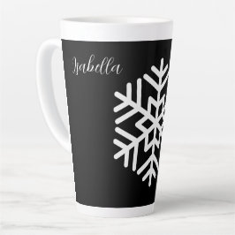 Caneca De Café Latte Monograma e Grande Floco de Neve Branco no Preto