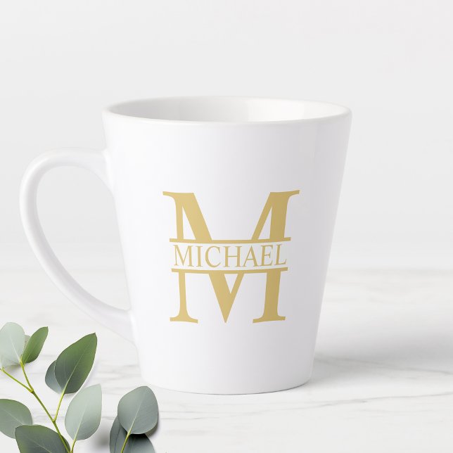 Caneca De Café Latte Monograma e Nome Personalizados Branco e Dourado (Criador carregado)