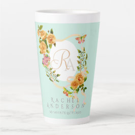 Caneca De Café Latte Monograma em banda Rosa Dourada, caneta verde
